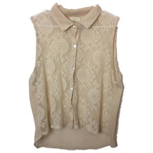 Love J Creme Sleeveless Sheer Button Down Blouse